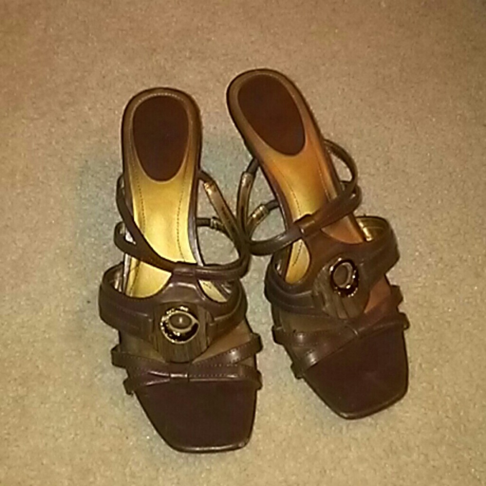 Brown and gold sandal heels